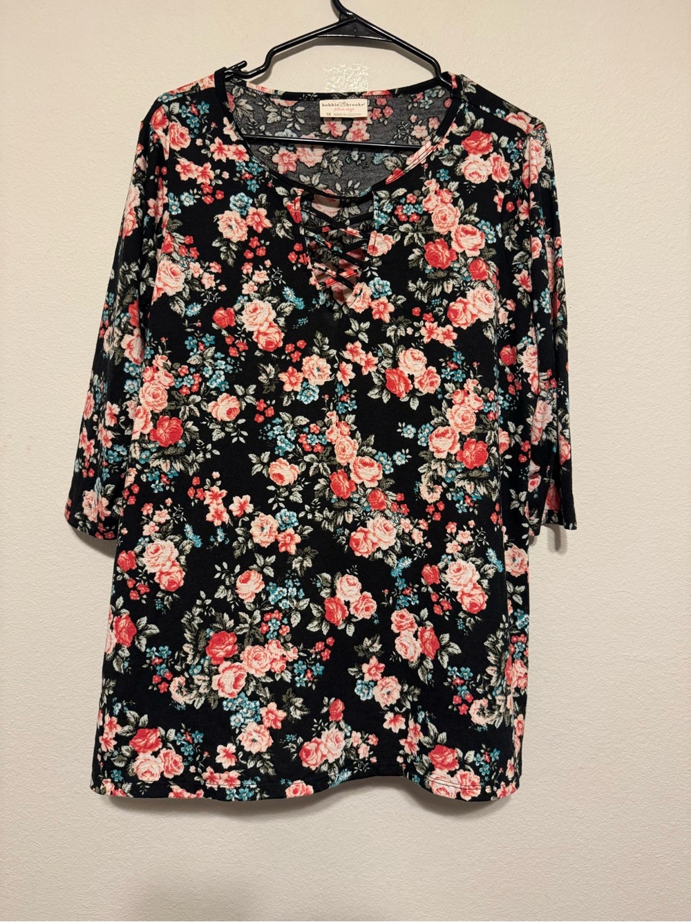 Bobbie Brooks Black Floral Lace-Up Tunic with Pink Roses